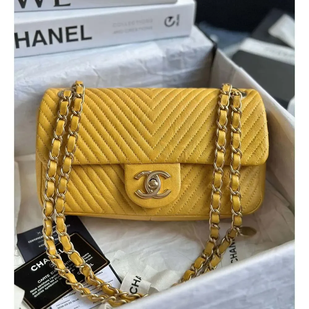 SALE $$$ CHANEL Small Single Flap Chevron Yellow Caviar Crossbody Bag GHW charm